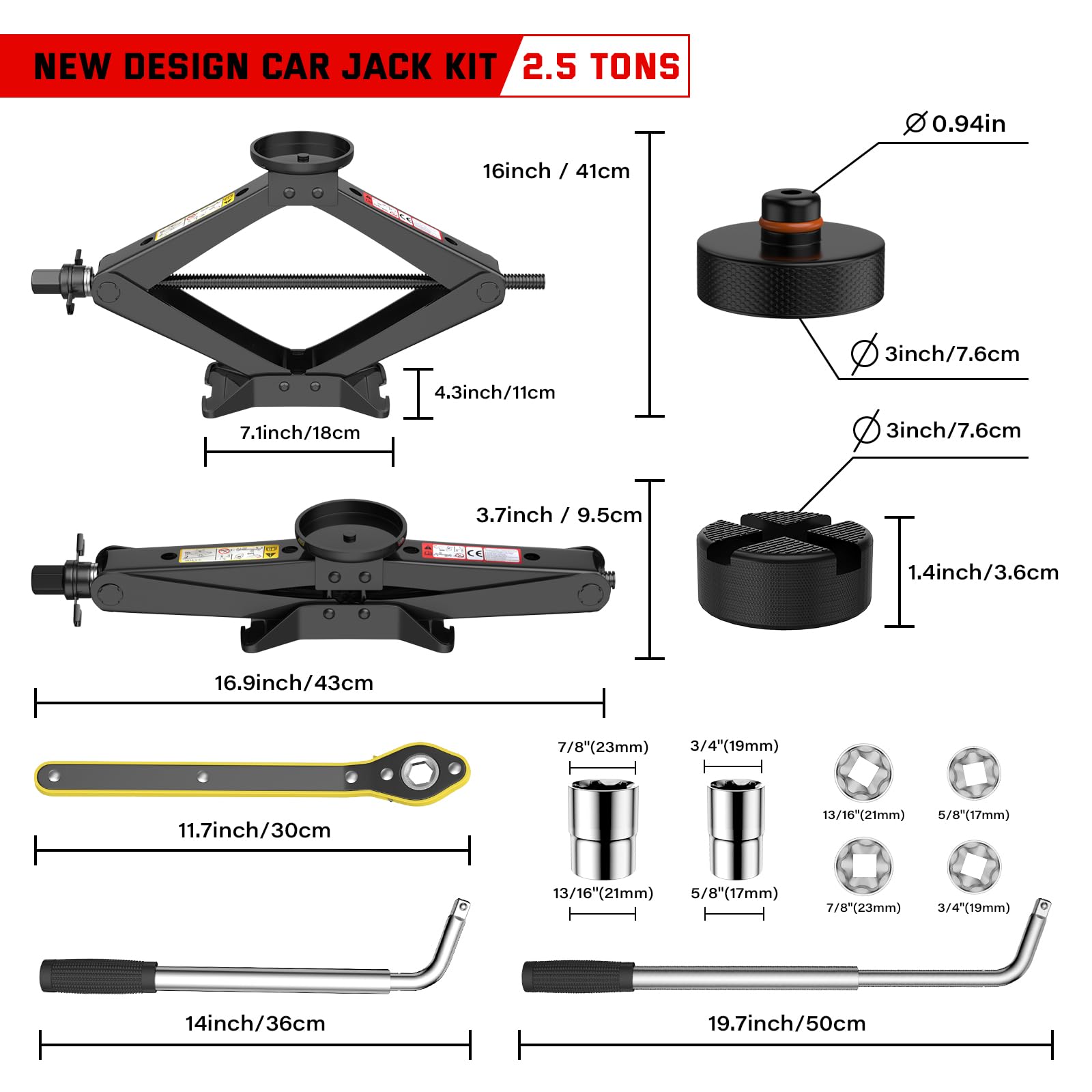 IMAYCC Gato para Coche 2.5T/2500kg, Kit de Gato Coche Universale con 2 Piezas Bloque De Goma, Gatode Tijera portátil con Llave de Tuercas de Rueda, Kit de Emergencia paraCoche SUV MPVTesla