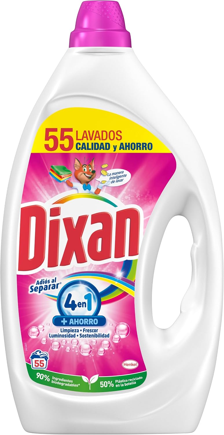 Dixan Gel Adiós al Separar Total 4+1, Detergente Líquido para Lavadora 55 Lavados, jabón líquido para la ropa de color, limpieza, luminosidad, frescor y sostenibilidad