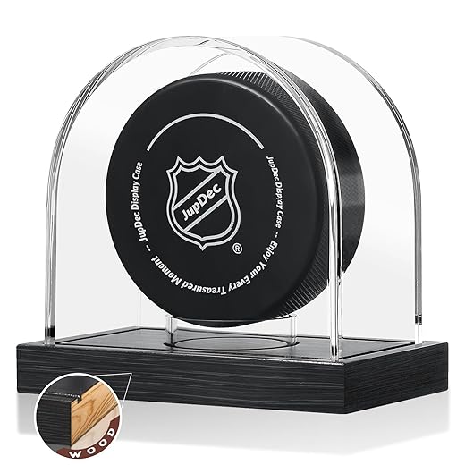 JupDec Hockey Puck and Collectibles Display Case, Premium Acrylic Clear Box Puck Holder with Mahogany Wood Base, Showcase for Autographed Souvenir Memorabilia, Collectible Figure Stand, Black