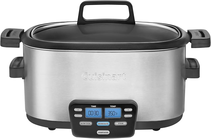 Olla de cocción múltiple Cuisinart 3 en 1 Cook Central de 6 cuartos: olla de cocción lenta, marrón/salteado, vaporera, MSC-600 NAS, plateado | Vaporera programable, dorar/saltear, olla de cocción lenta de 6 cuartos de capacidad, tapa de vidrio, olla antiadherente, piezas aptas para lavavajillas, MSC-600NAS