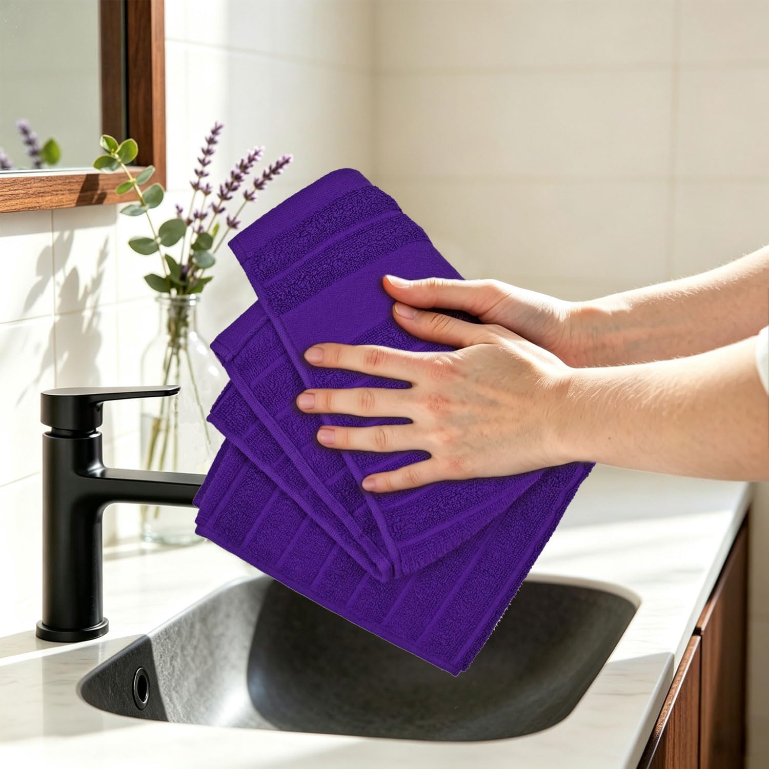 Jacquotha Purple Ribbed Hand Towels Set of 2, Cotton Hand Towel 13" x 29"