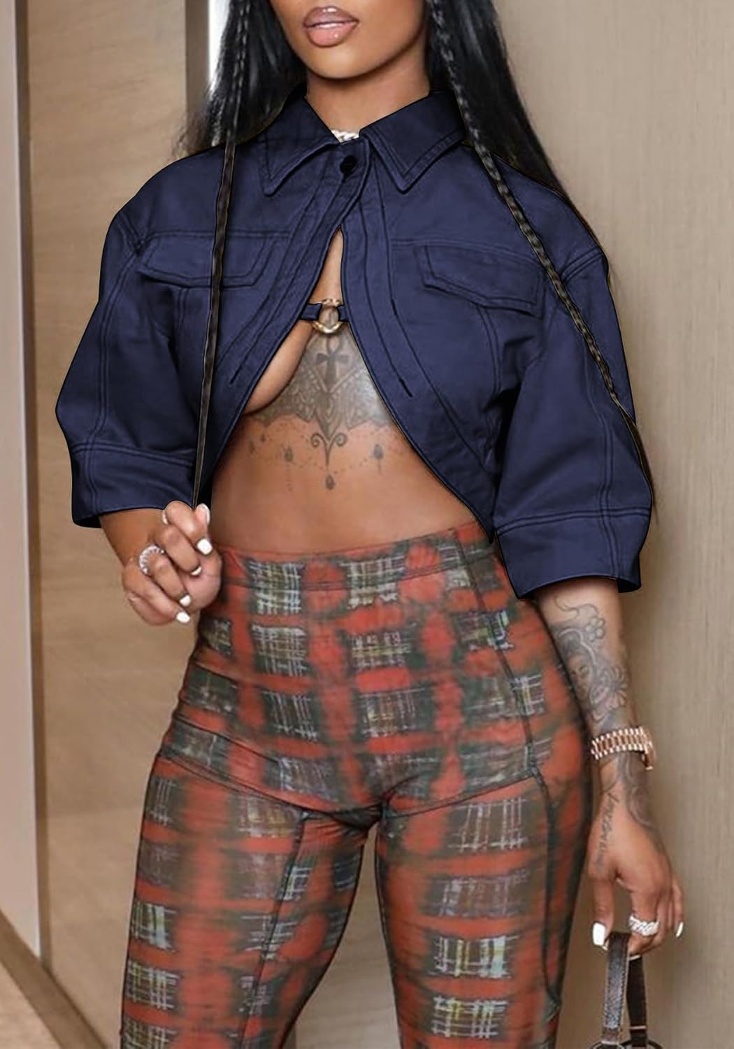 Jackets for Women Casual Short Sleeve Sexy Cropped Denim Jacket Cut Out Button Down Top Clubwear - Image 2