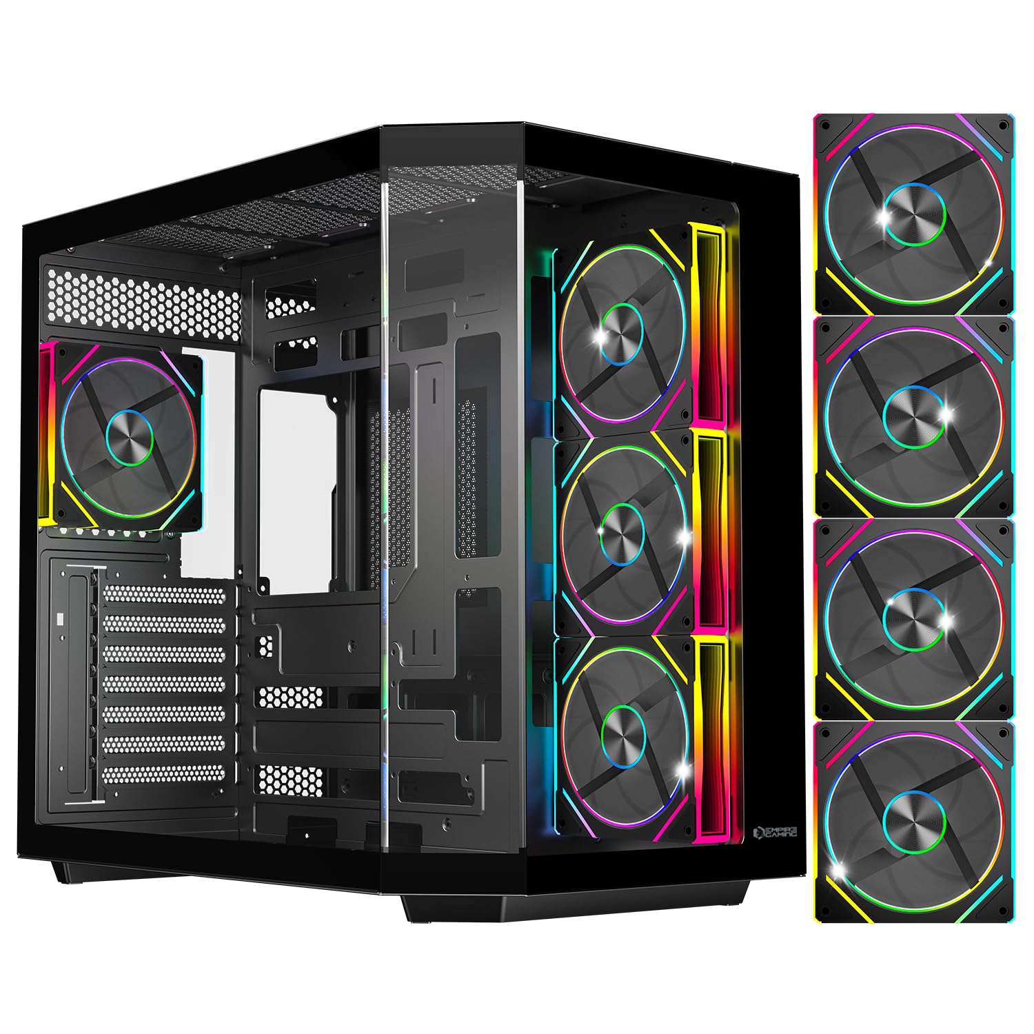 EMPIRE GAMING ECL251 Gaming PC-Gehäuse, Midi-Tower ATX, 4X 120 mm PWM-ARGB-Lüfter mit Controller-Hub, Dreifach gehärtetes Glas, USB-C (Schwarz)
