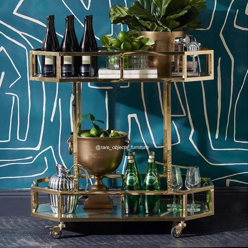 Rare Objects 2-Tier Round Bar Trolley with Wheels and Handle Ideal for Hotels, Restaurants, Kitchens Mobile Serving Cart Stylish and Functional (RO-BST007)