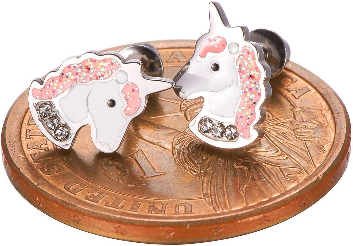 Unicorn Stud Hypoallergenic Earrings Pink Purple with Secure Screwback for Kids, Toddlers, Little Girls, Baby Girls, Stainless Steel Ultra Sensitive Screw Back Post Earrings