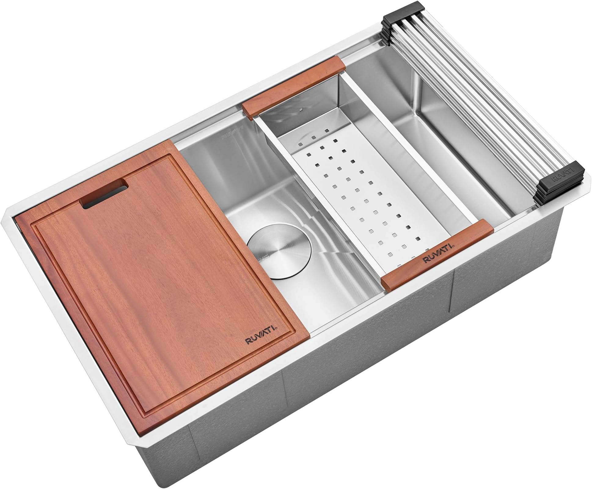 32-inch Round Corner Undermount 16 Gauge Stainless Steel Workstation Kitchen Sink Single Bowl – Soundproof Multifunction Chef Sink with Cutting Board & Accessories – RVH8301