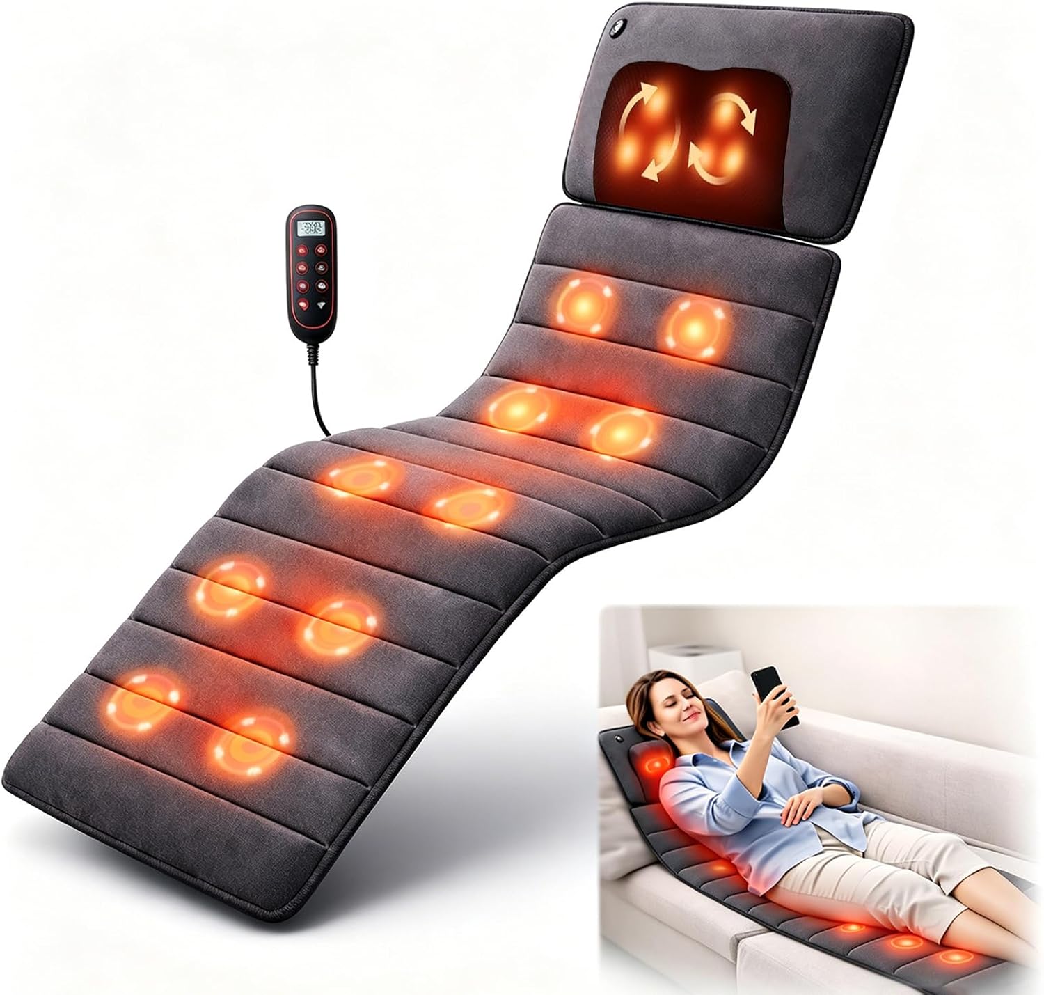 Full Body Massage Mat with Heat, Ultra Shiatsu Style Massage Pad Cushion, Body Massager Mat for Bed & Recliner,Back Massage for Bed, Vibration Therapy Pad for Total Body Massage Relaxation