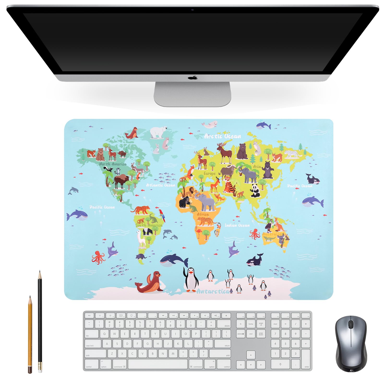 Sous-mains cuir PU Grand Tapis de souris Carte animée continents océans 60 x 40 cm