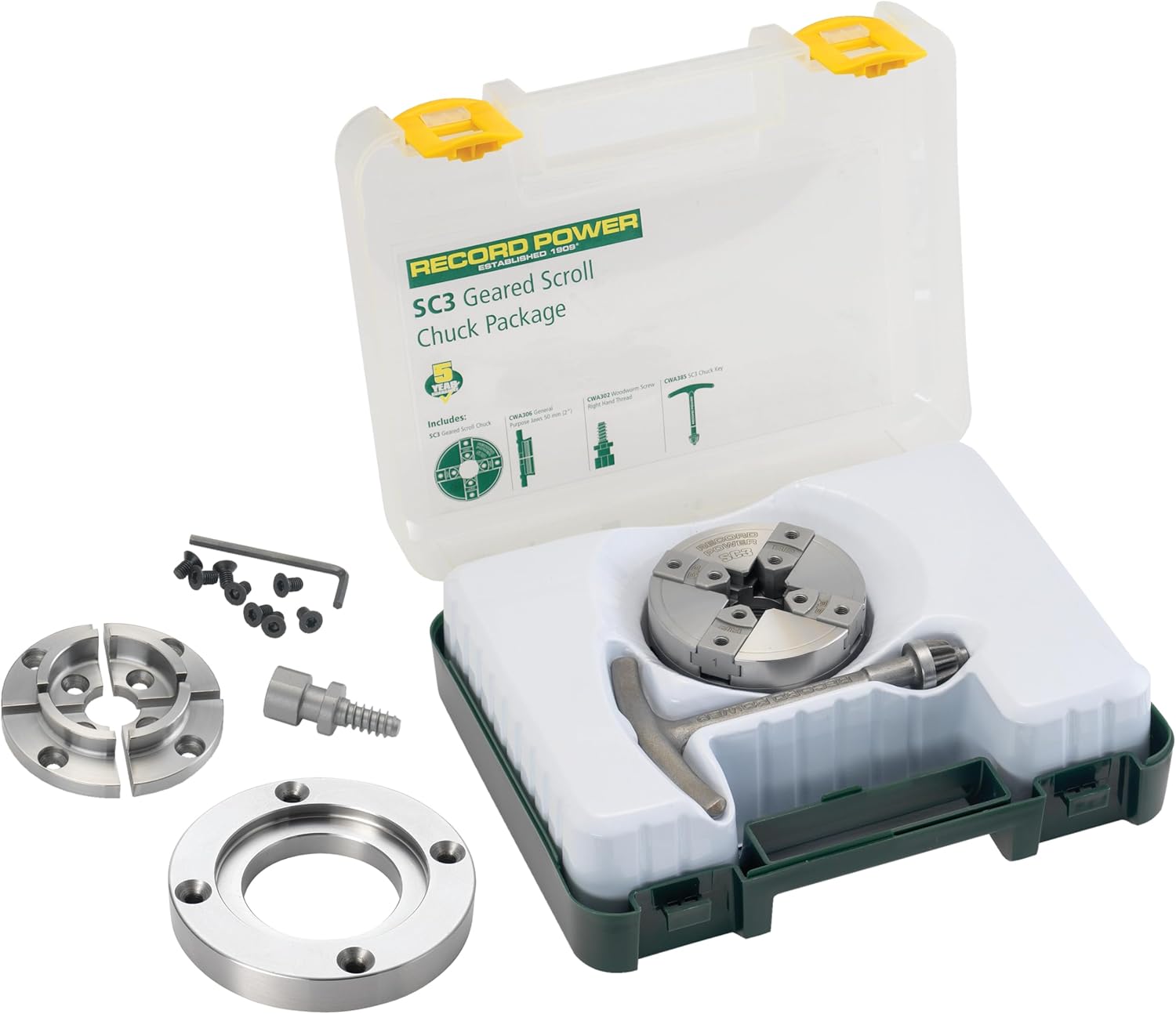 Record Power SC3 Geared Scroll Chuck Package, 89 mm (3 1/2") High Tensile Steel Body, 1" x 8 tpi Thread, 51 mm (2") Standard Jaw, 89 mm (3 1/2") Faceplate and Deep Wood Screw