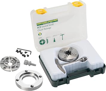 Record Power SC3 Geared Scroll Chuck Package, 89 mm 3 1/2" High Tensile Steel Body, 1 1/4" x 8 tpi Thread, 51 mm 2" Standard Jaw, 89 mm 3 1/2" Faceplate and Deep Wood Screw