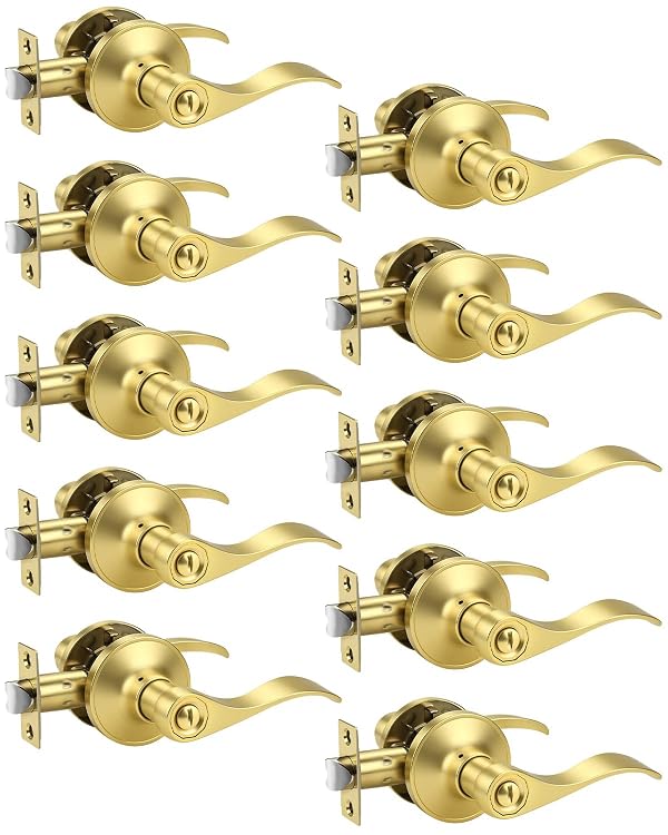 KNOBWELL 10 Pack Interior Door Handle with Lock, Gold Bedroom Bathroom Doorknob Inside Privacy Door Lever by KNOBWELL - Used condition - US$89.75