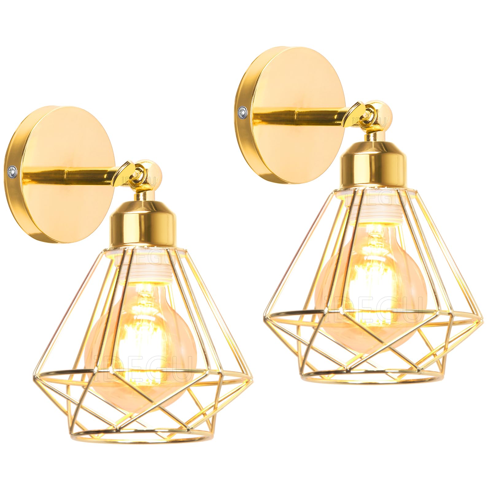 iDEGU Set of 2 Wall Lights Industrial Design Cage Wall Lamp in Metal Adjustable Vintage Indoor Wall Sconce E27 Ceiling Light for Bedroom, Hallway, Living Room (16cm, Type C, Champagne Gold)