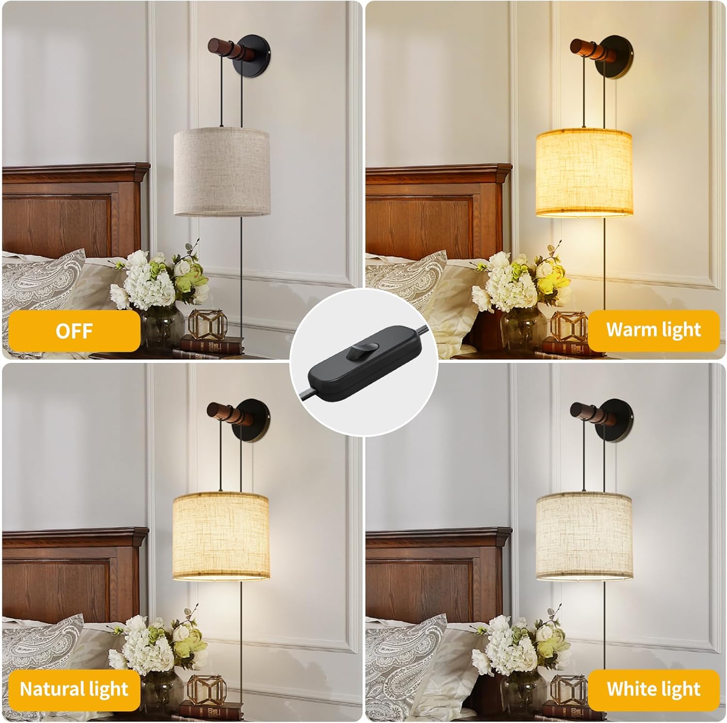 Wall Sconces Set of Two, Plug in Wall Sconces, Fabric Shade Wall Lights with 3 Color Temperature,Farmhouse Wall Lamps for Bedroom Living Room Hallway(2 Pack)