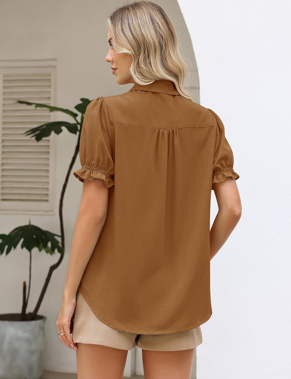 LOMON Women's Cotton Linen Button Down Shirts V Neck Short Puff Sleeve Cute Top Collared Summer Work Blouses Dressy Casual - Image 5