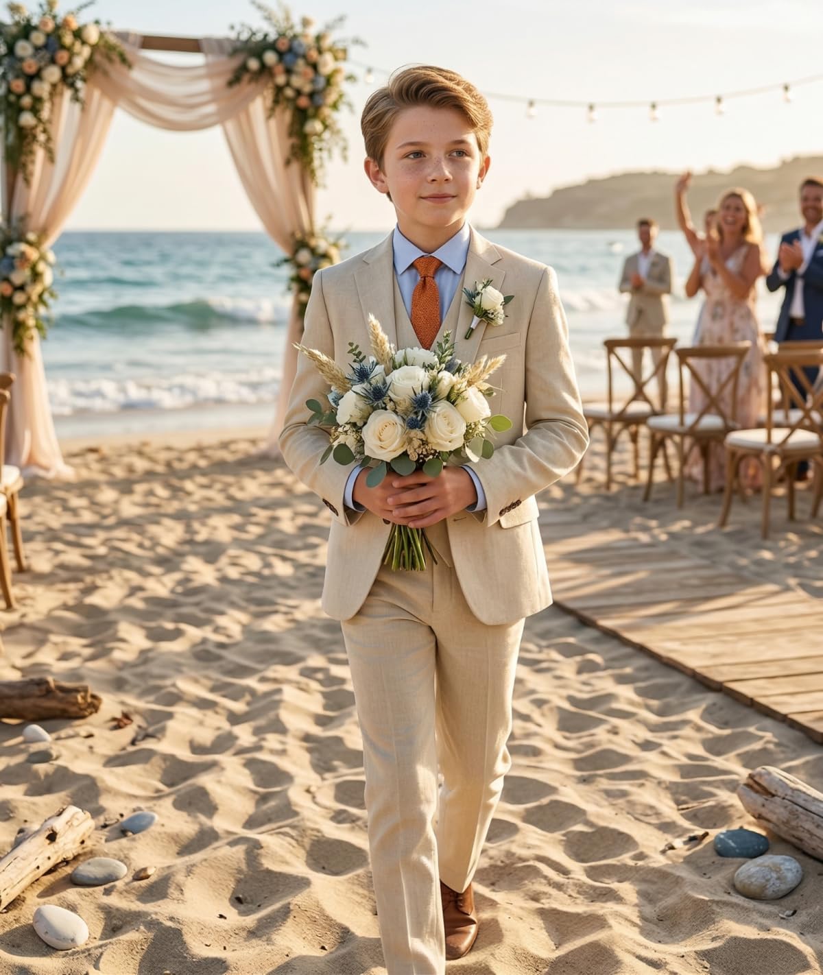 Boys Linen Suits Formal 3 Piece Beach Wedding Suits for Boy with Jacket Vest Pant Set Kids Dinner Party Tuxedo