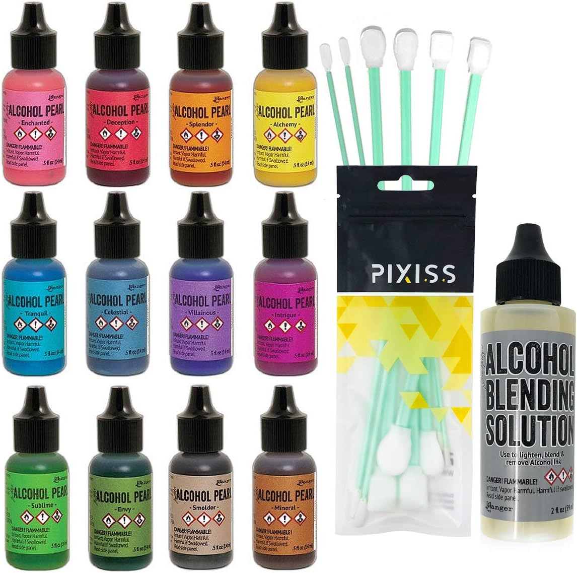 Ranger Tim Holtz Alcohol Pearls Complete Set Bundle (All 12 Colors), 2-Ounce Ranger Alcohol Ink Blending Solution 10x Pixiss Alcohol Ink Blending Tools for Blending Your Pearls On Yupo Paper and More