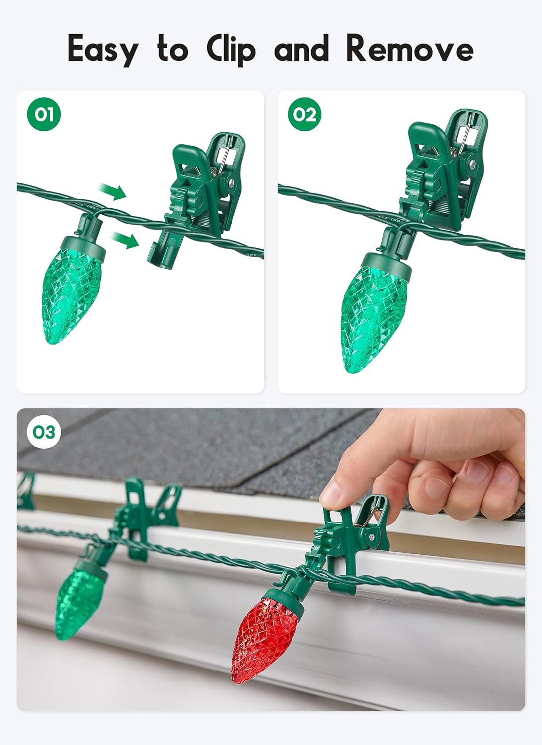 C9 LED Christmas Lights Outdoor, 68 Feet 100 LED Strawberry String Lights With 100 Spring Clamps, Waterproof Commercial Grade Extendable for Outside Roofline Patio Home Xmas Decoration, Red & Green