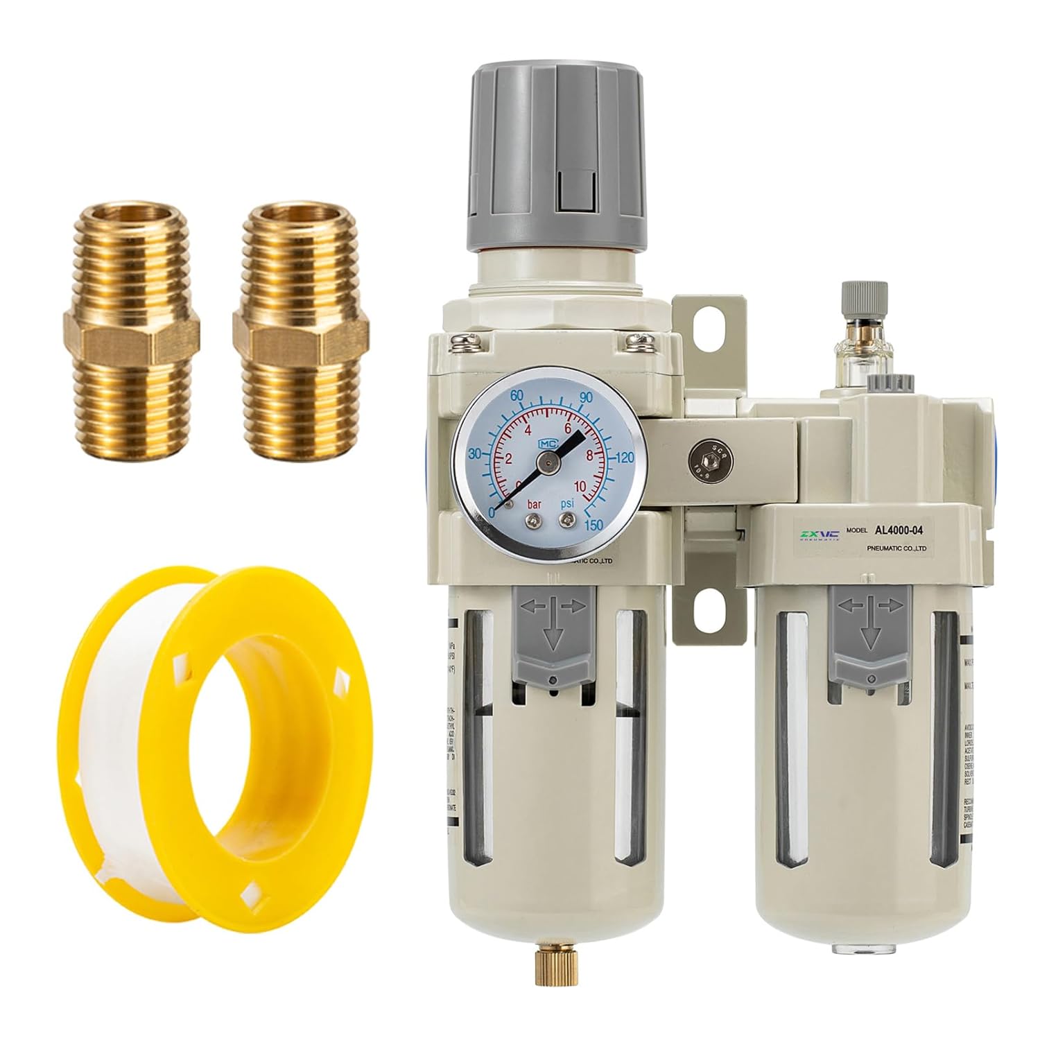 3/8" NPT Auto-Draining Air Filter Regulator Combo with Precision Pressure Gauge | Oil/Water Separator for Compressed Air Systems (0-150 PSI) | Heavy-Duty Brass Construction