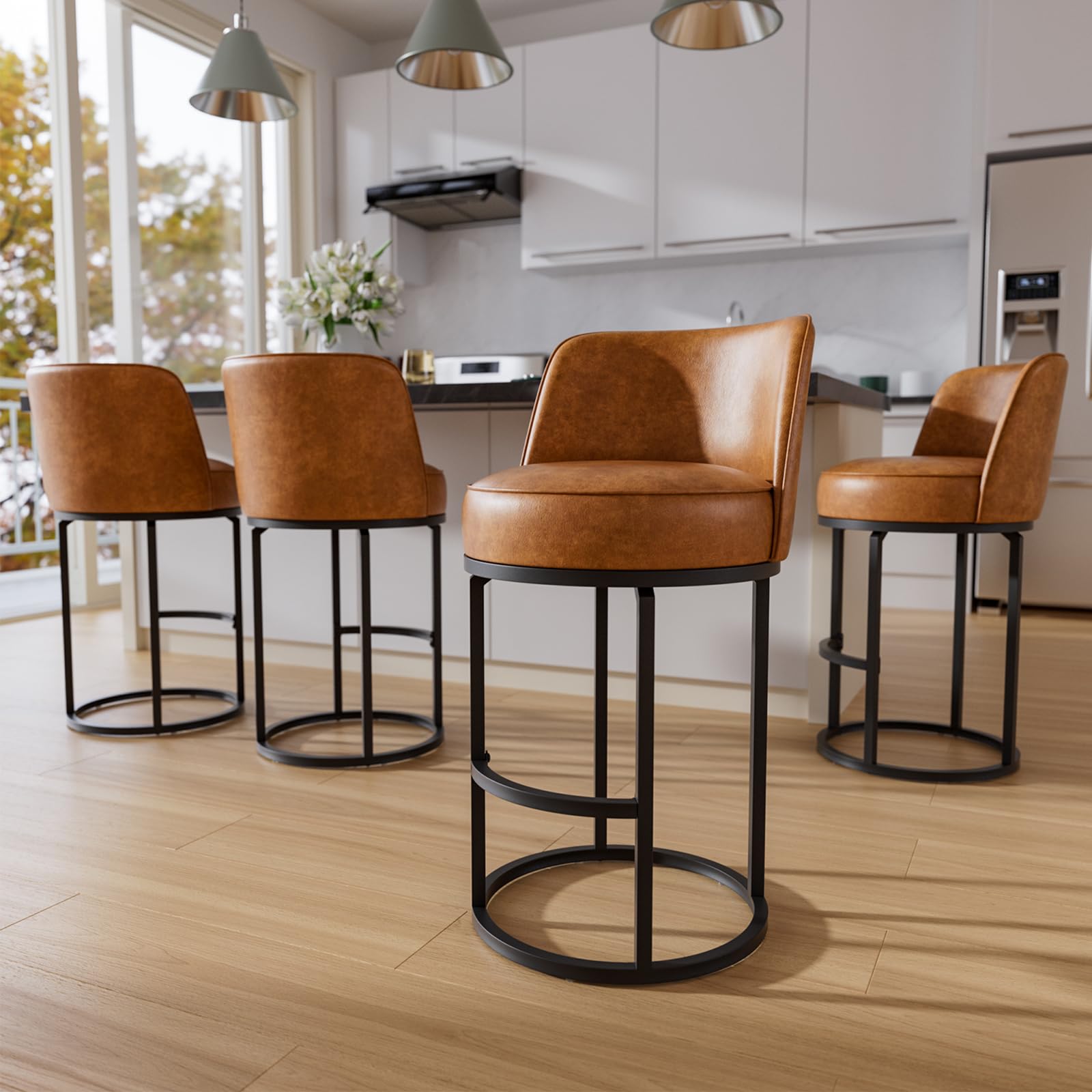 Ollega Bar Stools Set of 4, 26" Counter Height Bar Stools, Swivel Leather Barstools with Backs, Round Base, Footrest, Metal Legs for Kitchen Island,