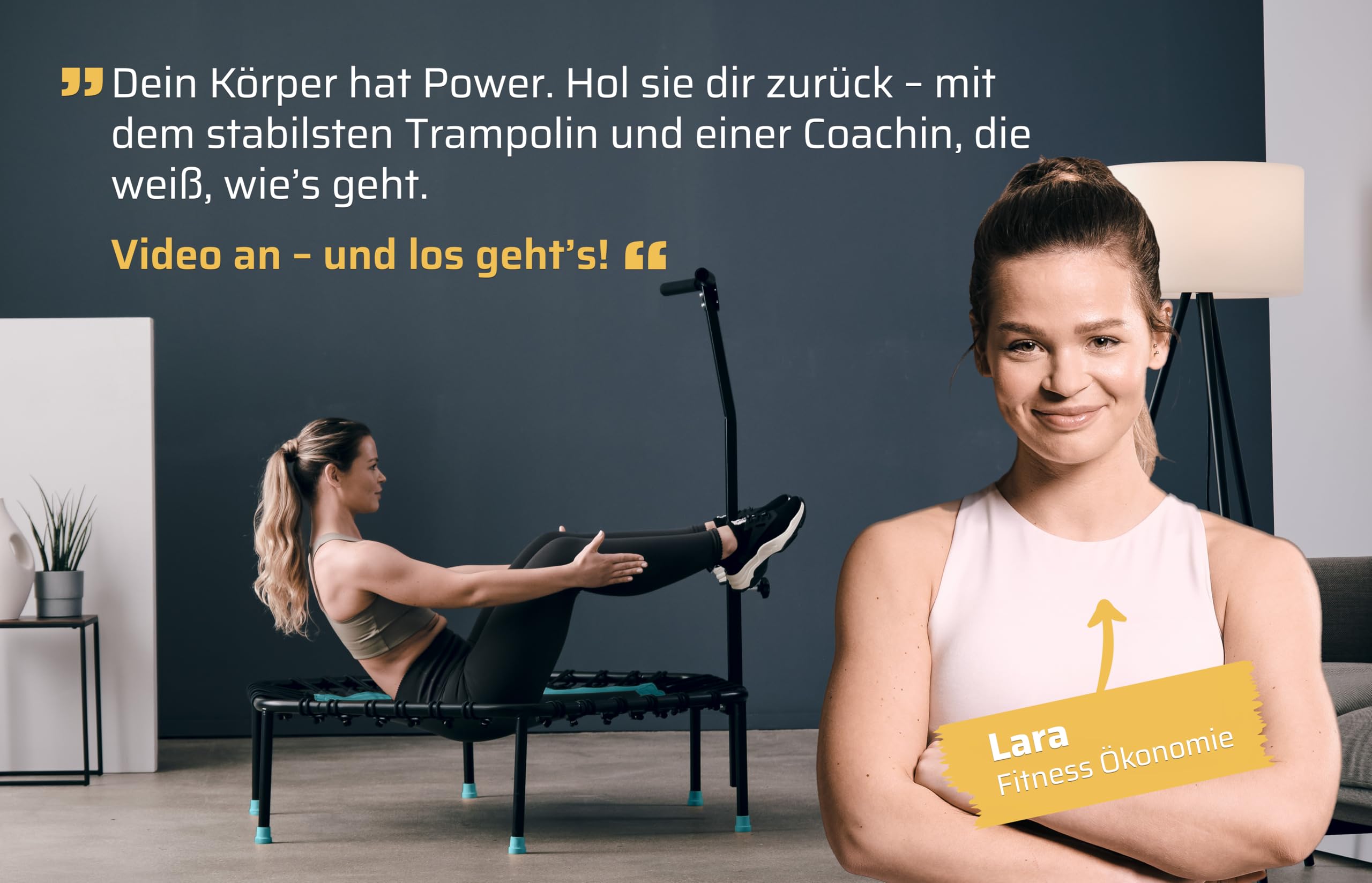 SportPlus Fitness Trampolin Indoor für Zuhause, Trampolin mit Haltestange höhenverstellbar, Gummiseilfederung, Workout & Cardiotraining, Premium-Qualität Designed in Germany 130kg