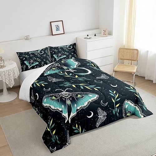 Miniatura 4 de Erosebridal Juego de edredón de mariposa verde, tamaño matrimonial, 3 piezas, ropa de cama y juegos de ropa de cama con diseño de polilla, cielo
