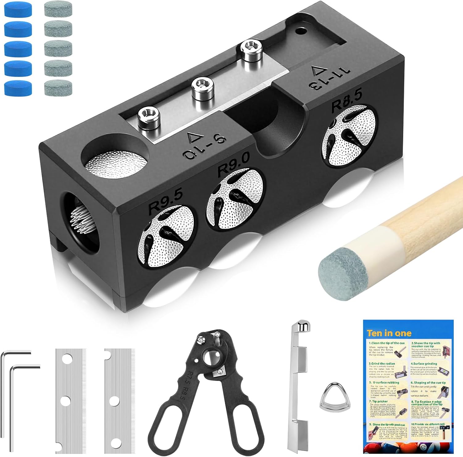 11-in-1 Pool Cue Tip Replacement Kit, Cue Tip Shaping Tool, Professional Cue Tip Repair Accessories, Suitable for tip Replacement and Shaping in Home, bar, Club, or Tournament Settings