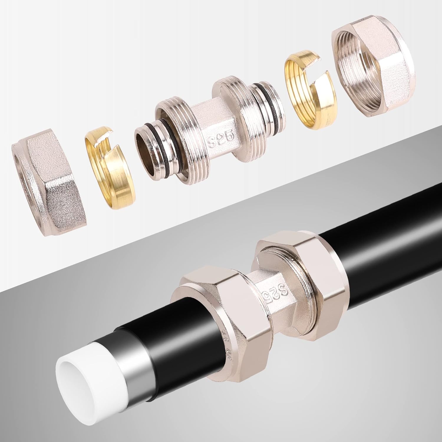 2PCS 3/4’’ Union Compressed Air Line Fittings, 3/4’’ x 3/4’’ Piping, Brass-Nickel Plated, 200PSI Working Pressure, Air Piping Fittings for Shop Garage Compressed Air Tube System