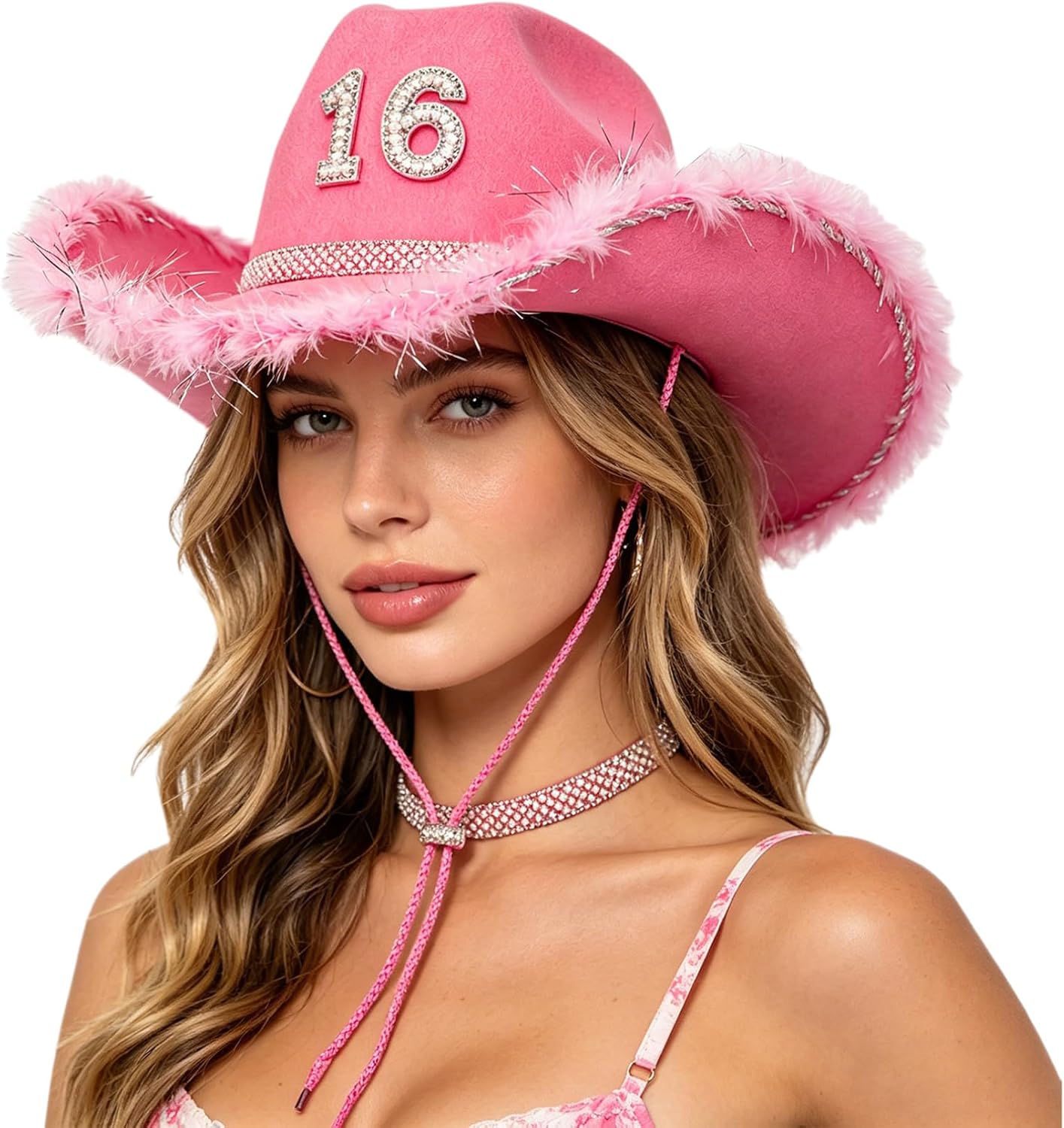 YiZYiF 16th Birthday Cowboy Hats for Women with Feather Brim - Western Cowgirl Hat Wide Brim Cow Girl Hat Rodeo Outfit