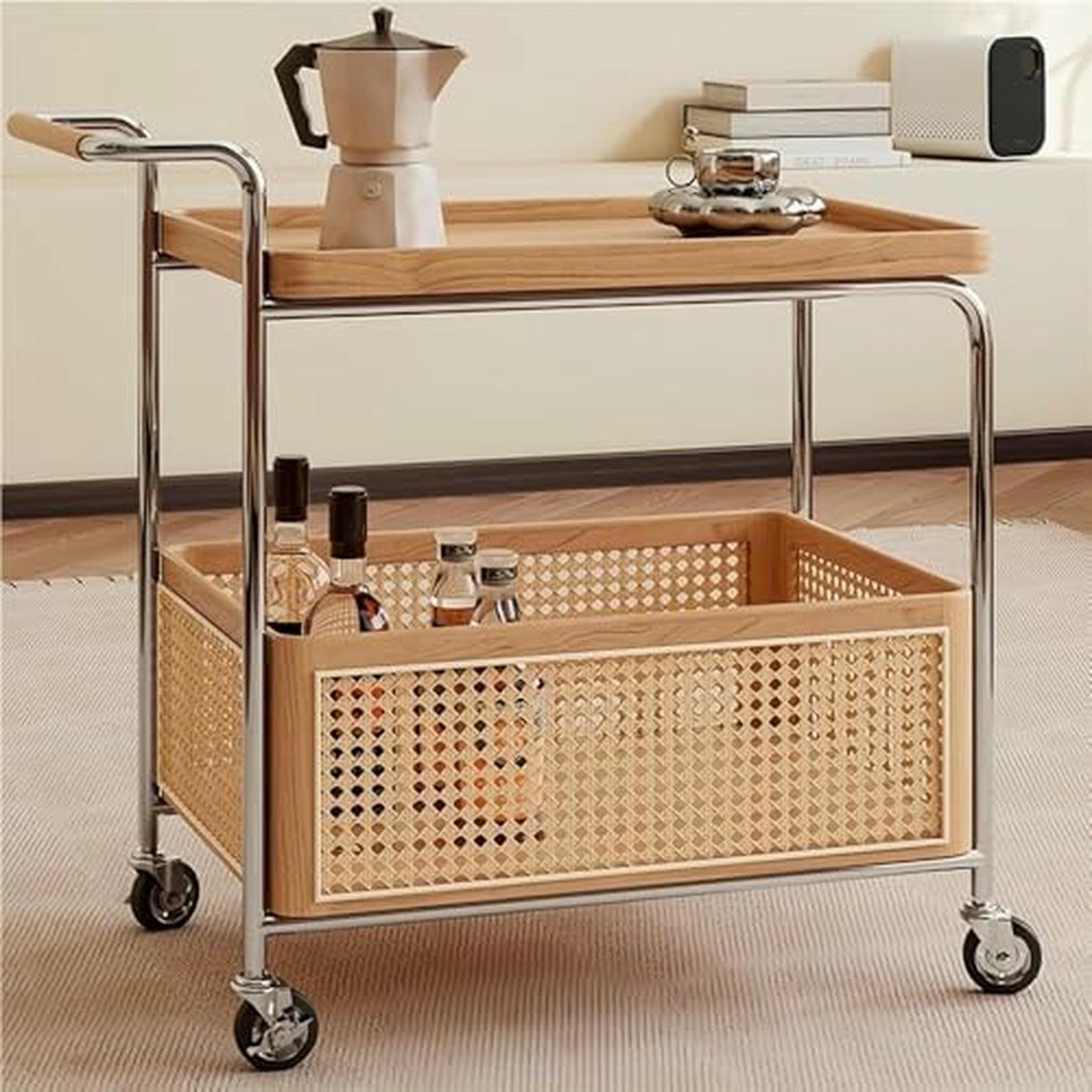 Eiwitany Rolling Rattan Side Table – 2-Tier Coffee & Storage Table, Wood Frame & Rattan Baskets for Living Room & Bedroom Decor (Natural)
