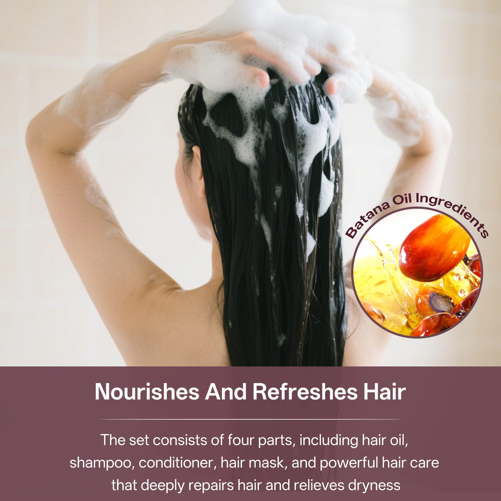 batana Traitement à l'huile pour cheveux 4 pièces, shampoing et après-shampooing, huile pour croissance des cheveux, crème capillaire