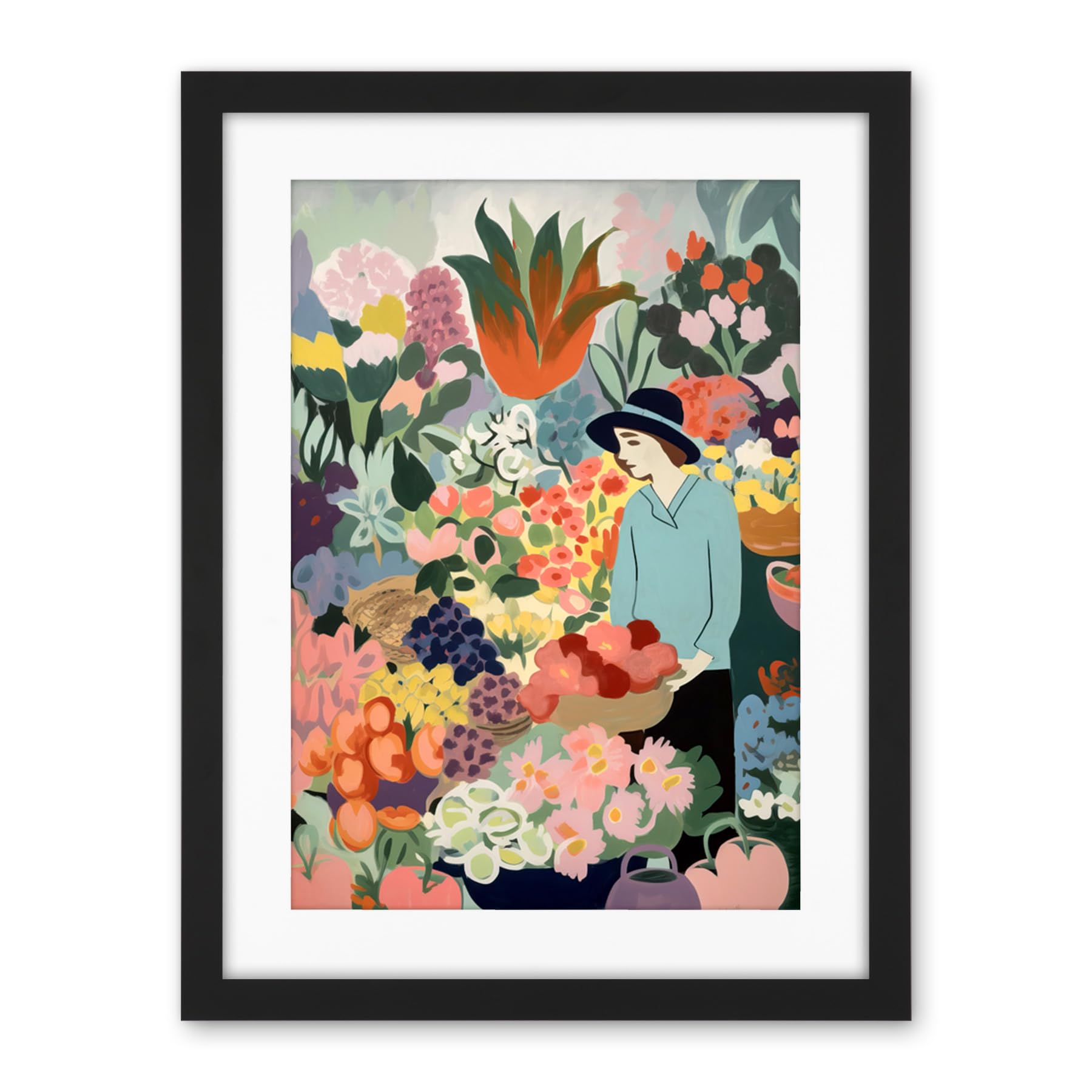 Artery8 Danish Pastel Aesthetic Flower Market Watercolour Painting Woman Bouquet Artwork Framed Wall Art Print 18X24 Inch