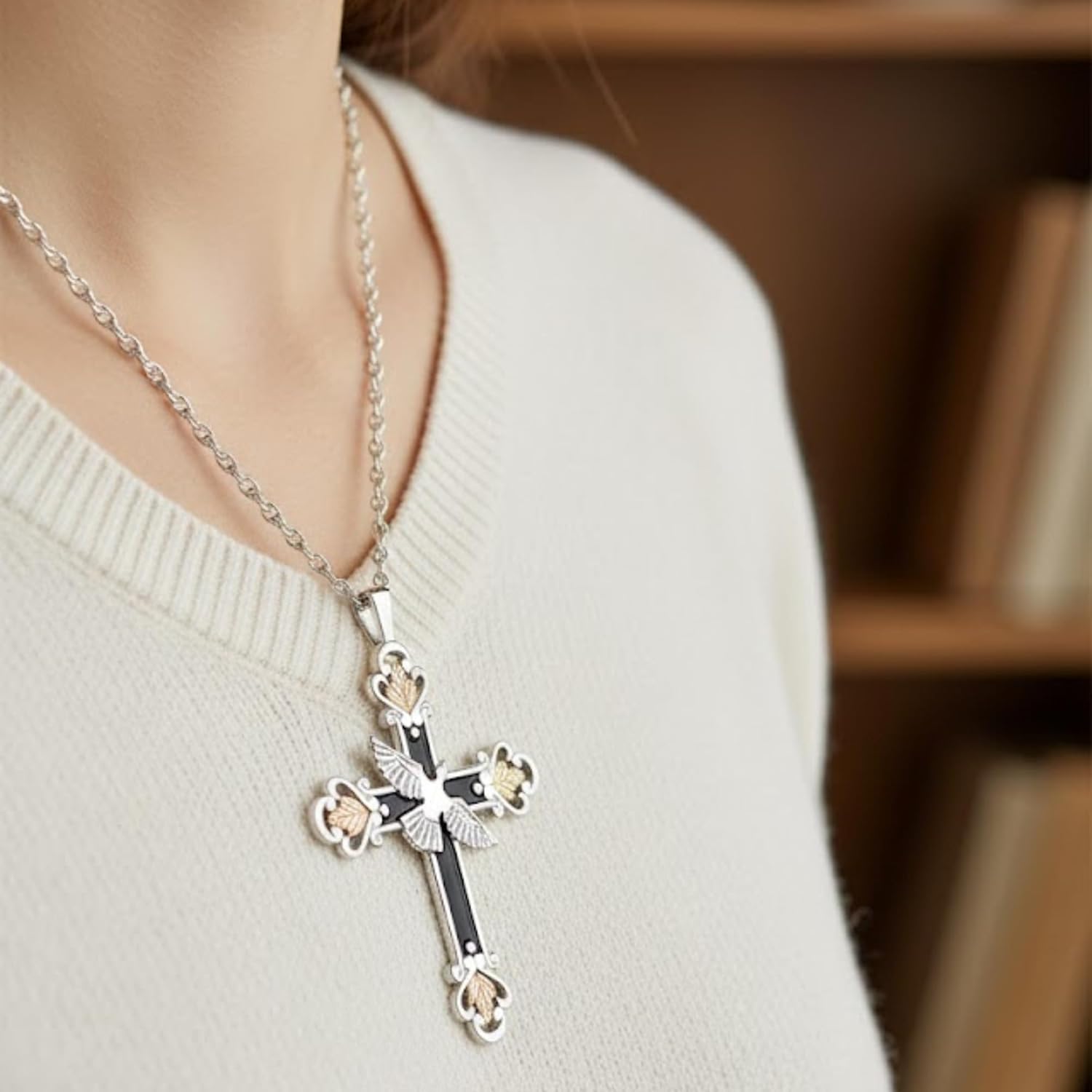 Handcrafted Black Hills Gold Cross Pendant Necklace with Dove Design, 12K Green and Rose Gold Leaves on Sterling Silver and Black Enamel, Inspirational Religious Jewelry with 18-Inch Chain