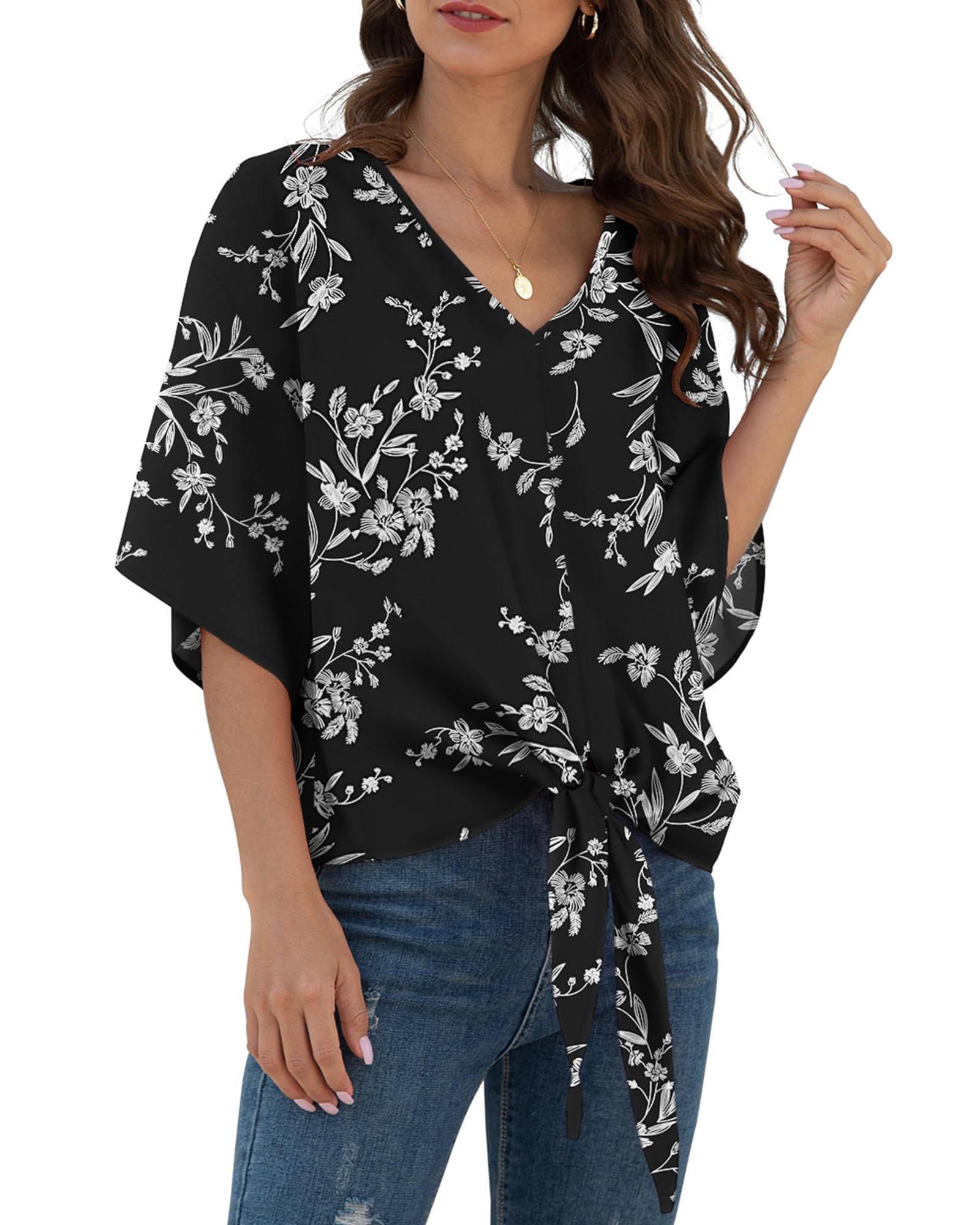 VIISHOW Womens Tie Front Chiffon Blouses V Neck Batwing Short Sleeve Summer Tops Shirts