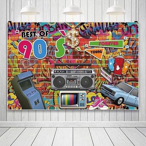 Miniatura 2 de AOFOTO Decoraciones de fiesta de 7 x 5 pies de los años 90, telón de fondo de pancarta de regreso a los 90, fondo para fotografía, radio retro, auto