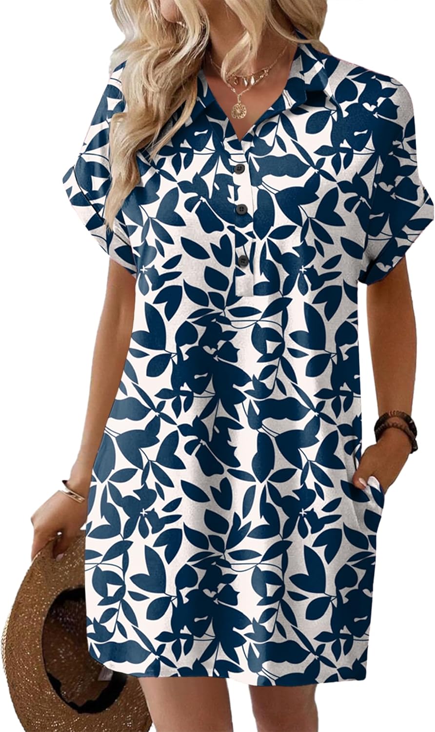 HOTOUCH Womens Summer Shirt Dress Short Sleeve Floral Shift Dress Casual Loose Flowy Beach Sundress with Pockets