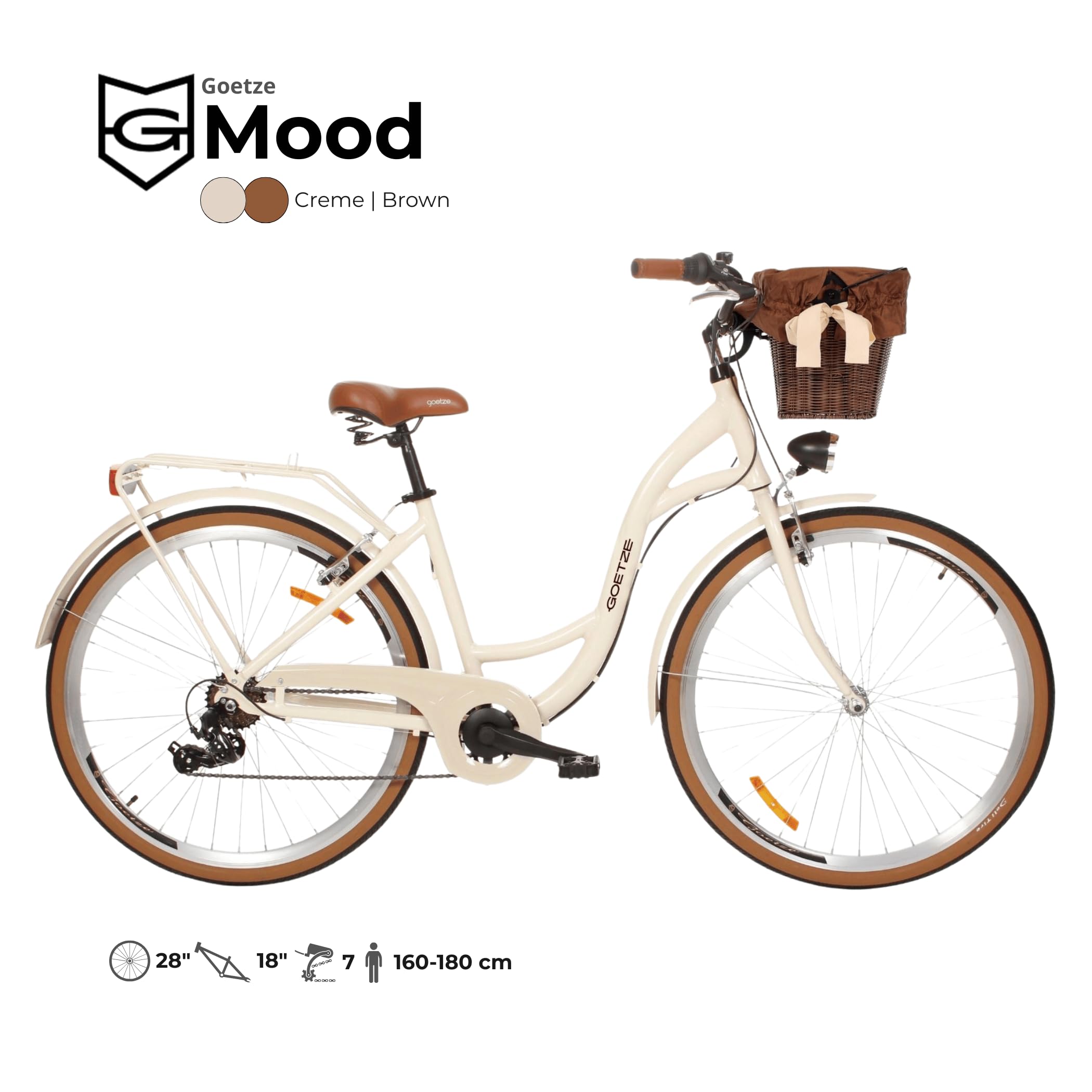 Goetze Mood 28 Zoll Damen Citybike, Aluminium Tiefeinsteiger 18 Zoll, Shimano Tourney 7-Gang Schaltung, LED-Beleuchtung, Rattankorb, Gepäckträger, Komfortsattel