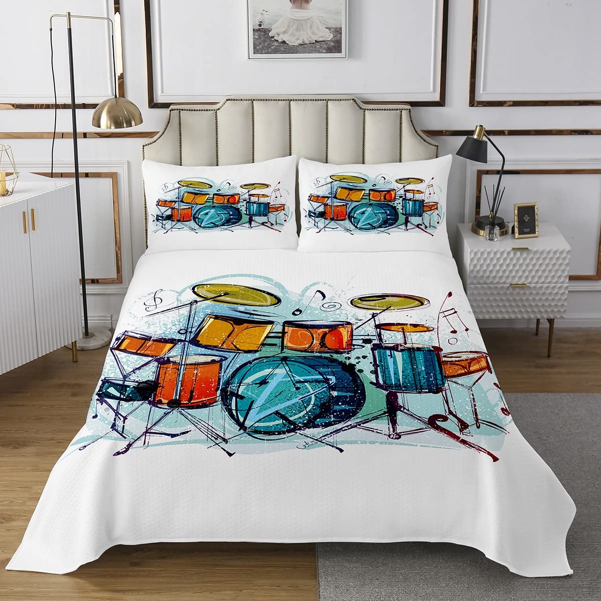 Rock Music Coverlet Set Drum Kit Copriletto per Bambini Ragazzi Ragazze Adolescenti Camera Decor Strumento Musicale Trapuntato Coperta Hip Hop Colorato Bianco Trapuntato 3Pcs260x240cm