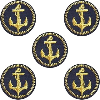 5Pcs Sailor Appliques Iron on Black Round Nautical Embroidered Patch Gold Anchor Sew on Repair Badge Heat adhesive patches for repairing textile articles Cloth Jean Bags Christmas Diy Supply
