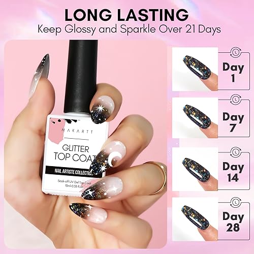 Miniatura 5 de Makartt Esmalte de uñas de gel con purpurina de 0.3 onzas líquidas, no se limpia, de larga duración, alto brillo, sin astillas, remojo por acetona