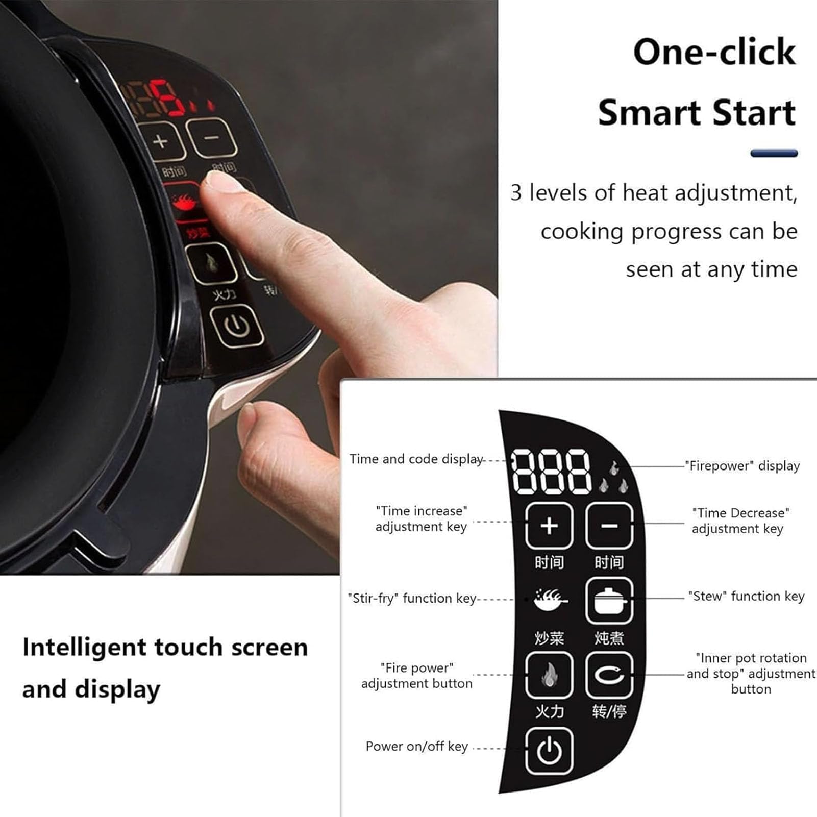 Máquina de freír automática de 6 L, olla inteligente de wok de 2000 W, agitación automática de 360°, ajuste de calor de 3 niveles, olla antiadherente para arroz, carne, verduras, guisos