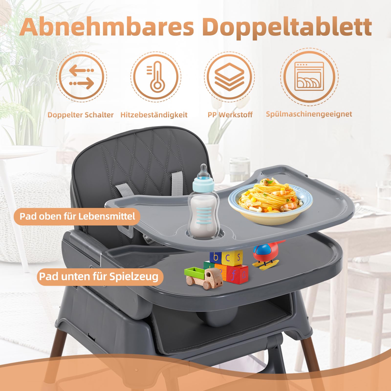 Hochstuhl Baby, Verstellbare Umwandelbare 3 in 1 Kinderhochstuhl, Tragbare Kompakte Baby Kleinkind Fütterung Stuhl Reise Hochstuhl Booster für Kleinkind, von 6 Monaten bis 3 Jahren (dunkelgrau)
