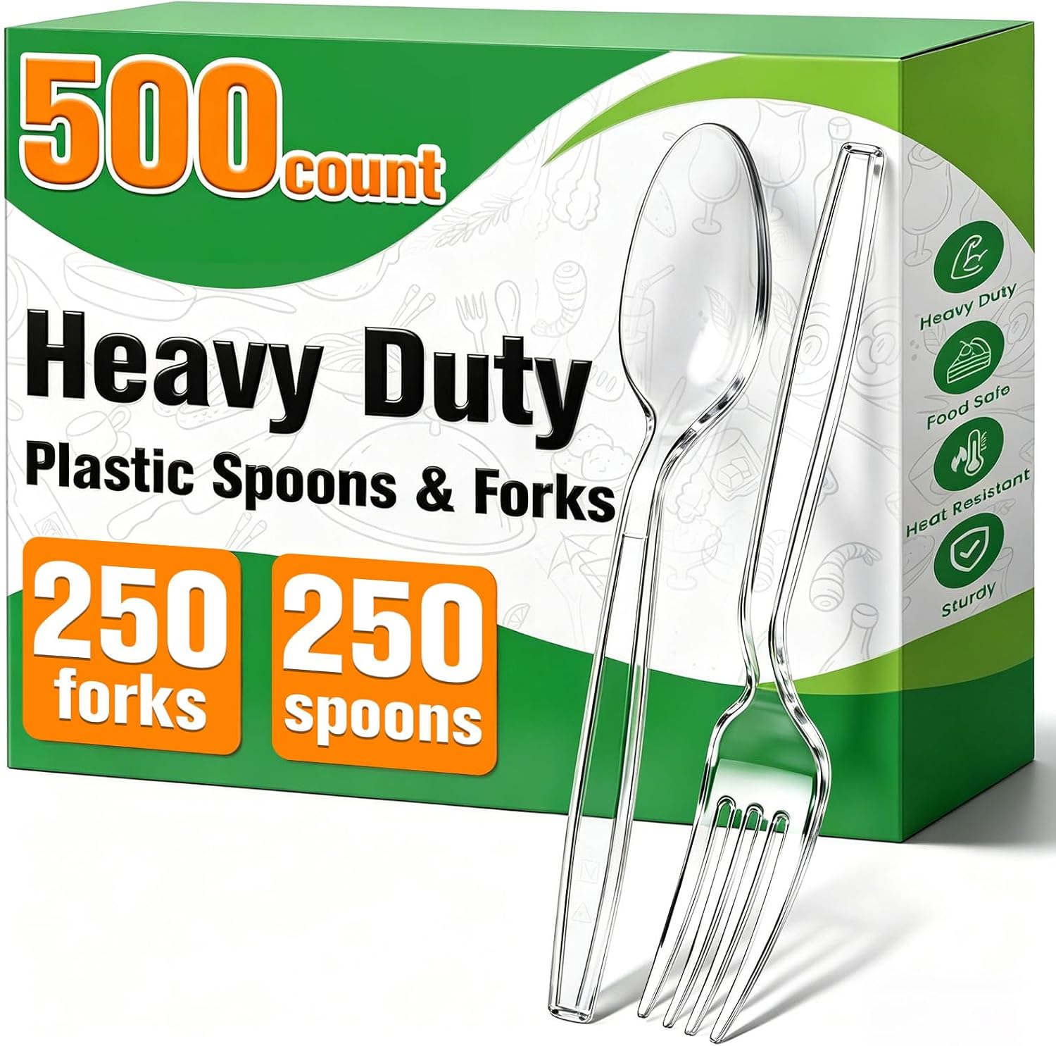 500 Count Plastic Silverware Heavy Duty,Clear Plastic Forks and Spoons, 250 PlasticSpoons & 250 Forks,BPA-Free,Heat Resistant Disposable Cutlery Utensil Set for Catering & Events, Daily Use