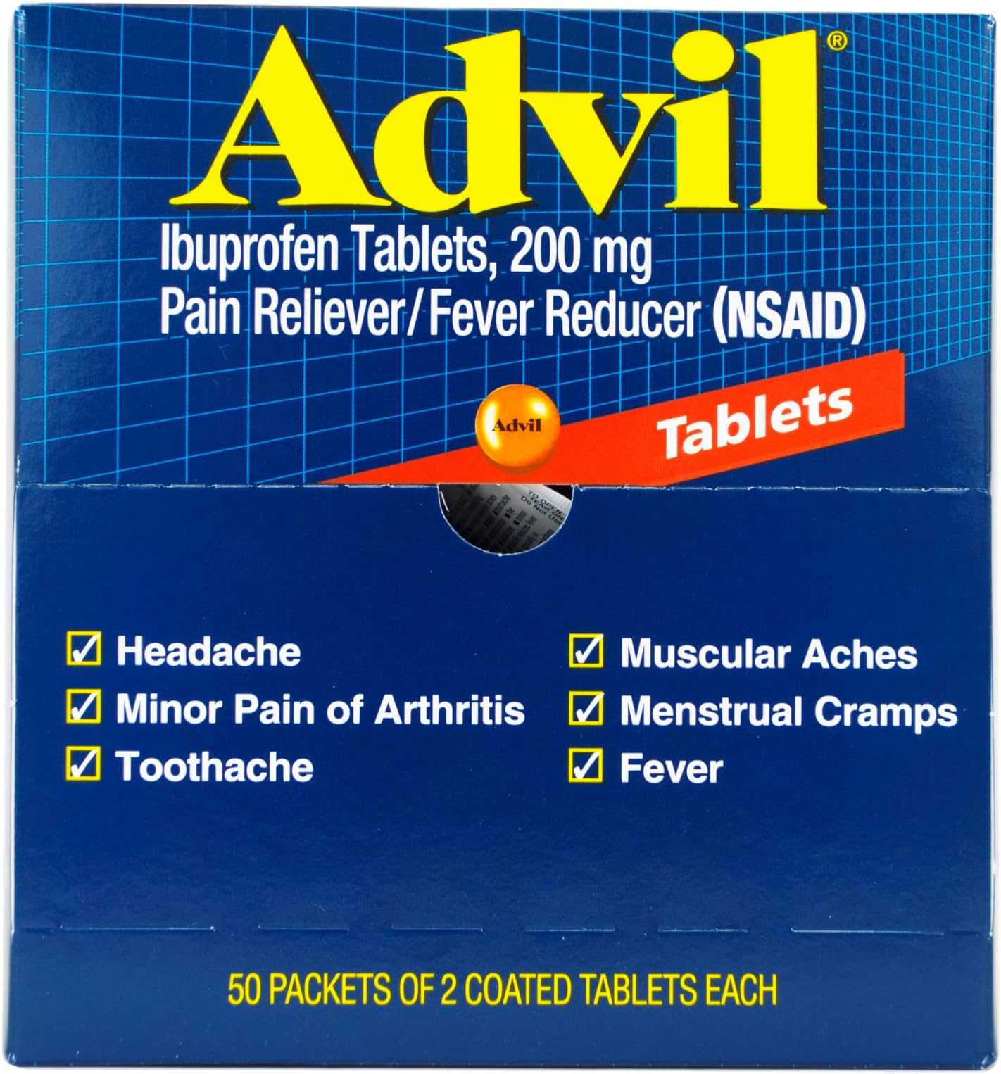 Advil Tablets Pain Reliever in Dispenser Box 2 Pack Pouch 50ct