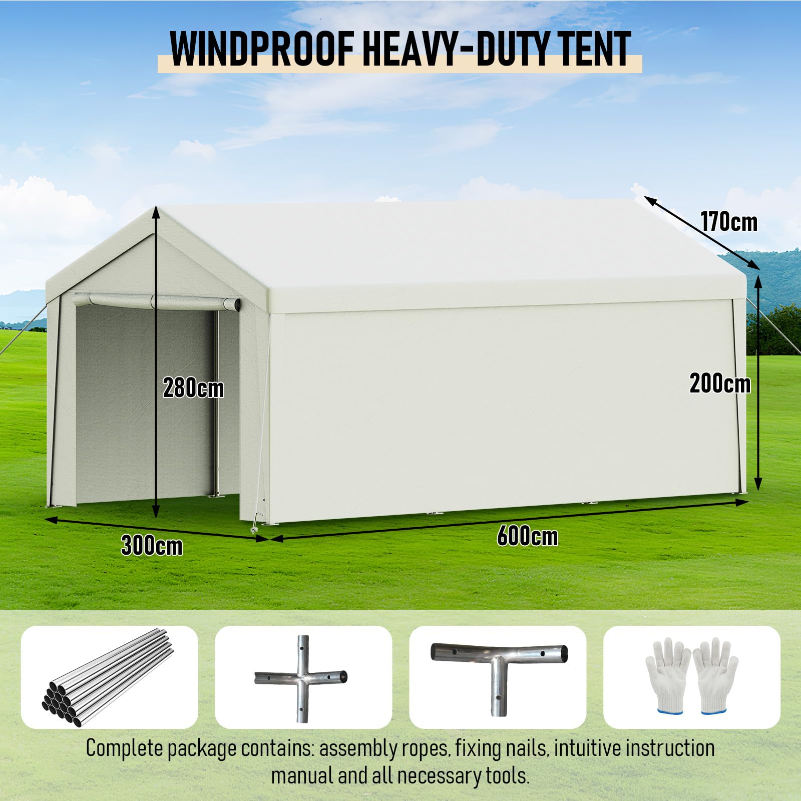 Carport Tenda Garage 3 x 6 m – Tenda da garage impermeabile con pareti laterali rimovibili – Resistente ai raggi UV – Rifugio invernale per auto, SUV, camion, barca, tenda da giardino, garage, bianco