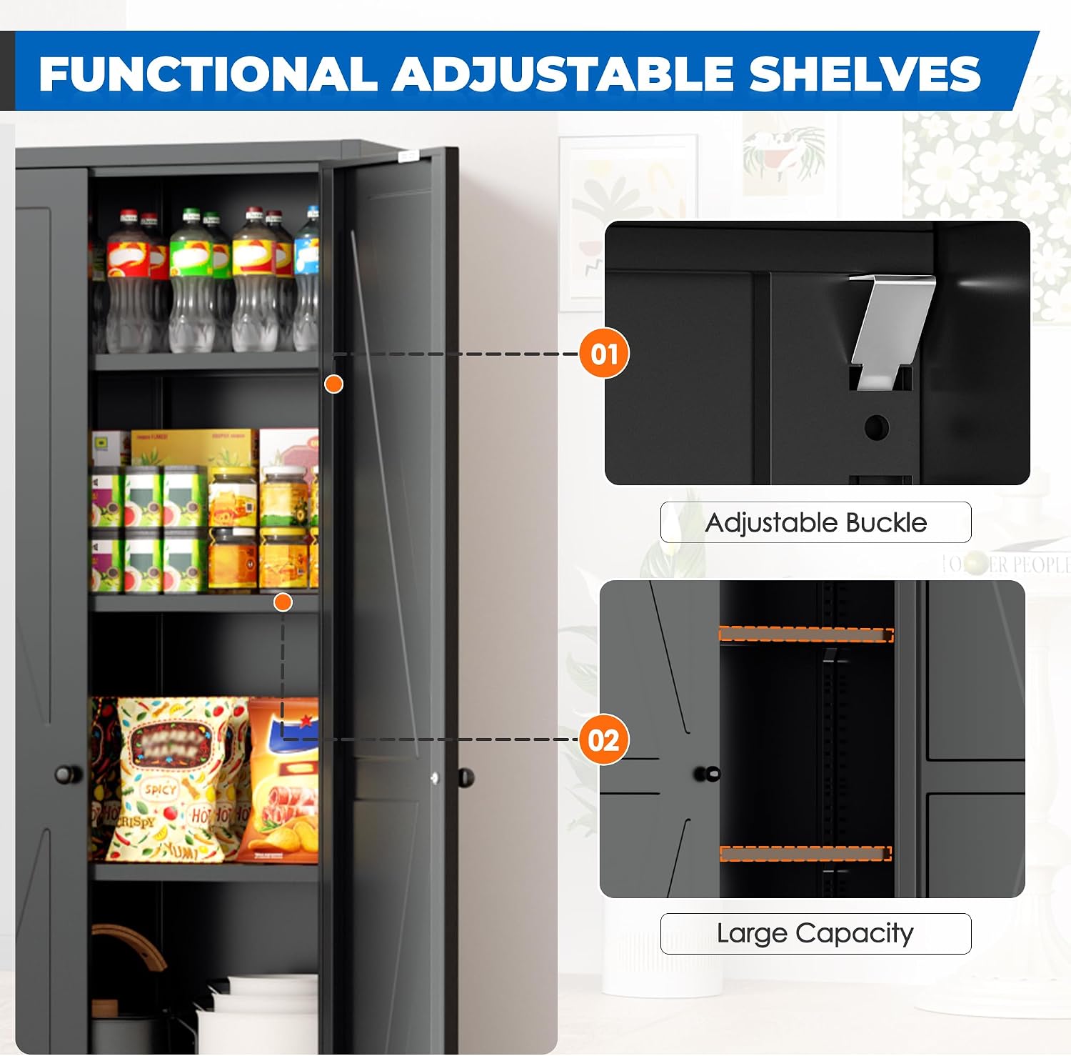 INTERGRAET 63" H Pantry Cabinet, Metal Kitchen Pantry Cabinets with 2 Doors and 4 Shelves, Farmhouse Food Storage Cabinets, Tall and Large Pantry Cabinets for Home,Kitchen,Living Room/Dining
