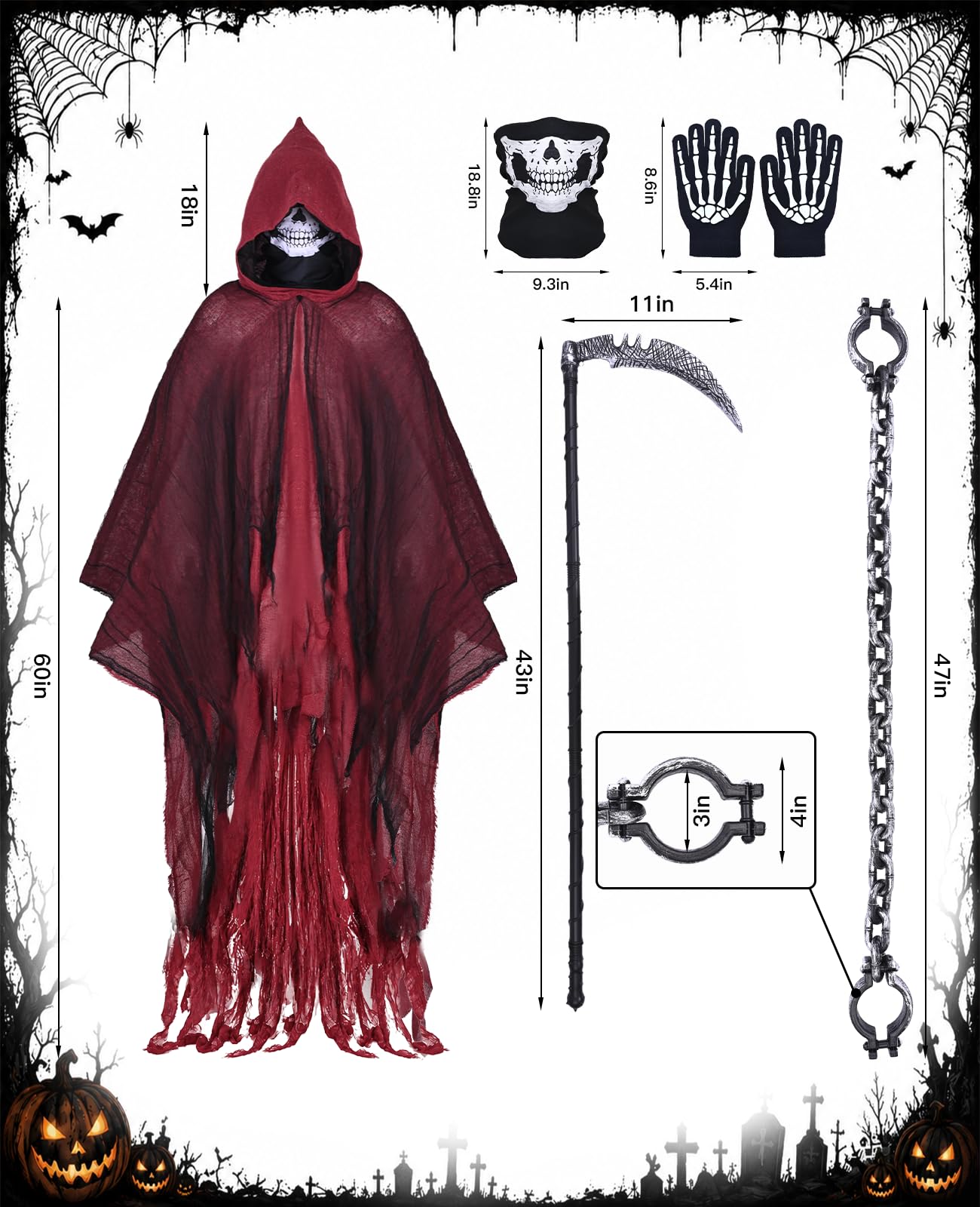 Sensenmann-Kostüm, Halloween-Kapuzenumhang, gruselige Halloween-Cosplay-Kostüme für Erwachsene