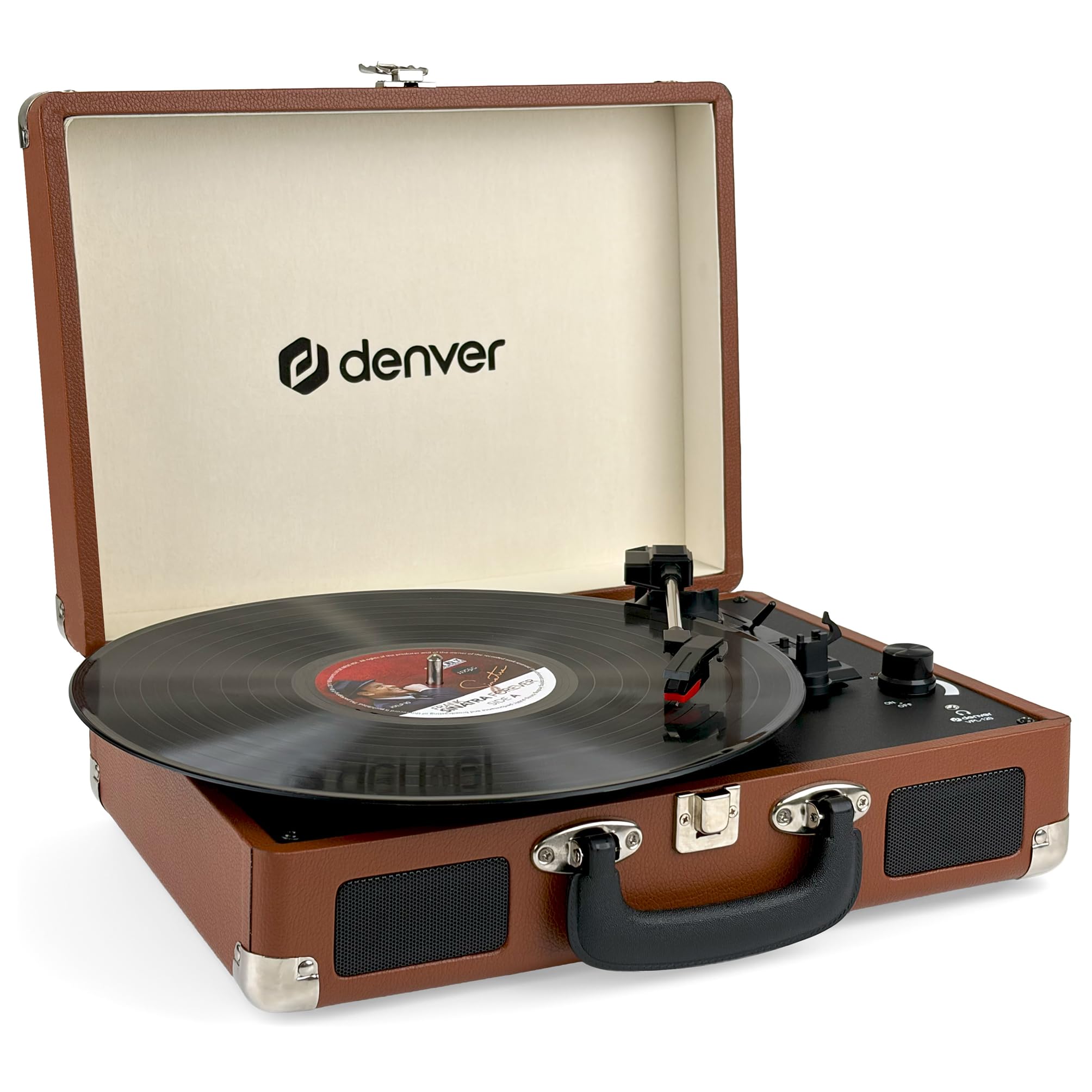 Denver VPL-120 Tocadiscos maletín Retro marrón, 3 velocidades 33/45/78 RPM, Altavoces Integrados, grabación USB a PC, Salida Phono | Función de digitalización MP3 USB, altavoz