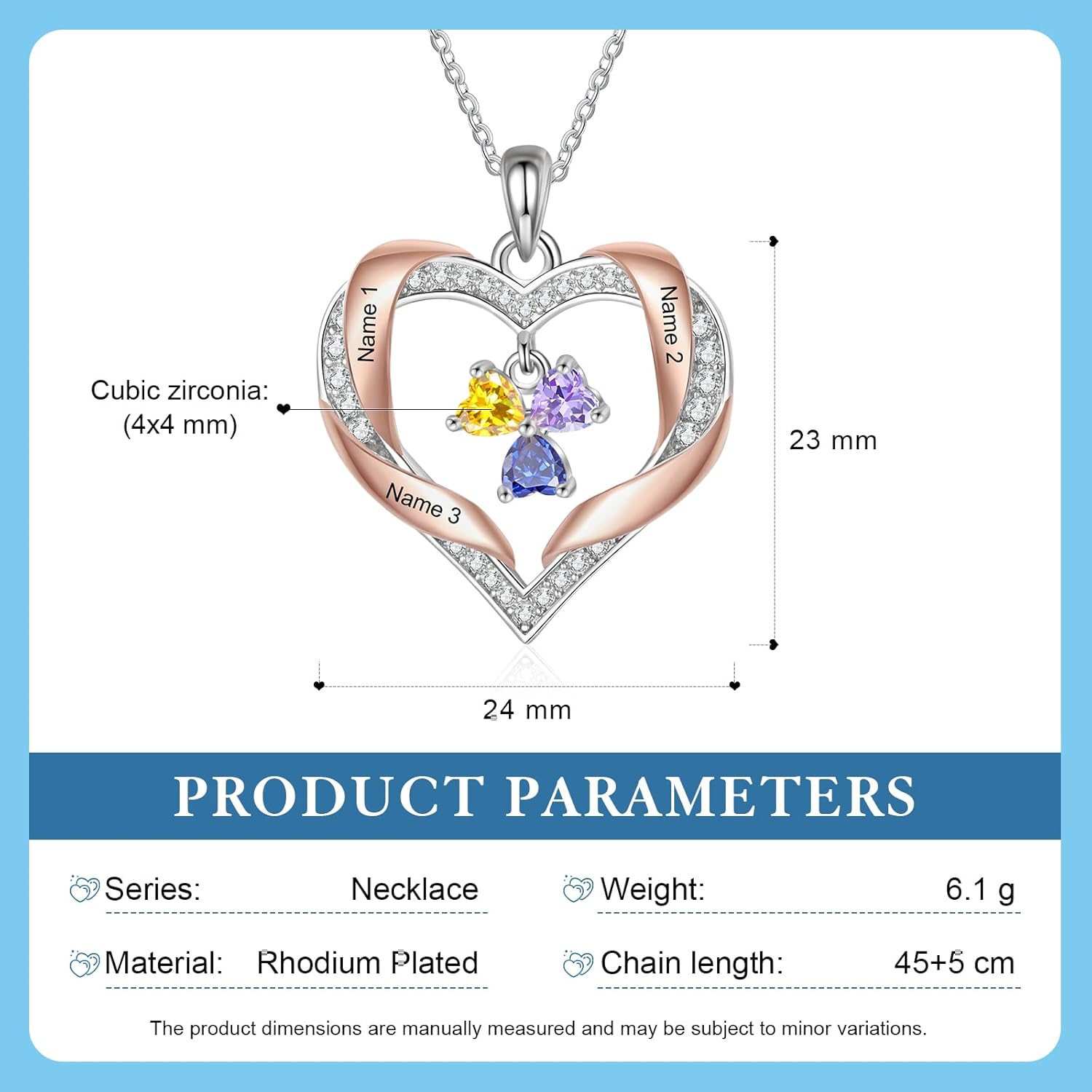 Lam Hub Fong ​Personalized Name Necklace for Women with Birthstone - Custom Silver Rose Gold Heart Charm Necklace Gift for Mom, Daughter, Wife, Mother's Day Christmas Valentines Keepsake Jewelry​