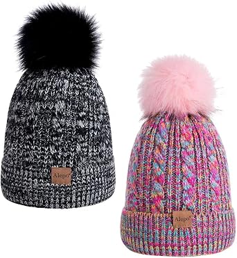 Alepo Kids Winter Beanie Hat, Childrens Warm Fleece Lined Knit Thick Ski Cap with Pom Pom for Boys Girls