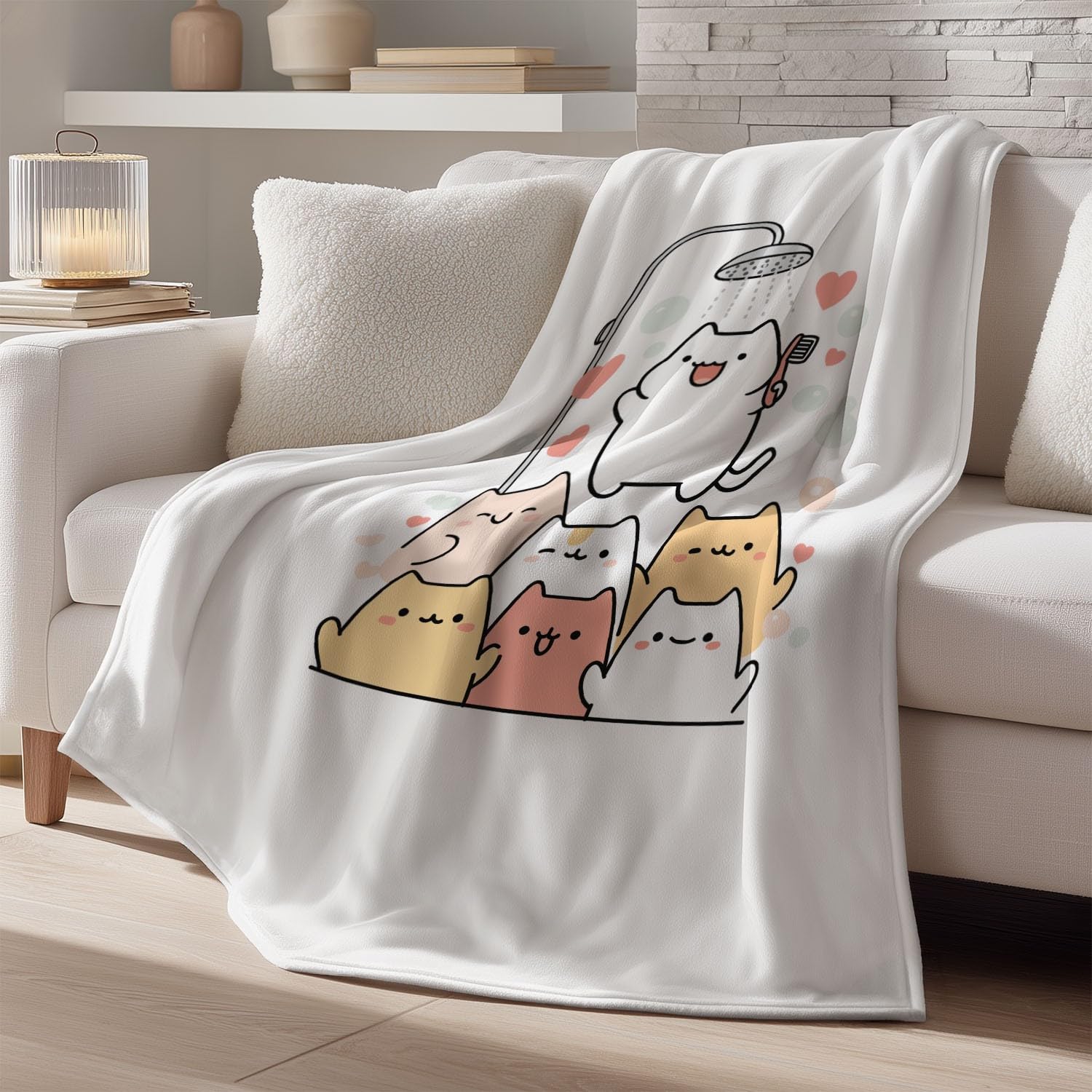 Koc flanelowy, koc do przytulania, 150 cm x 200 cm, kreskówka, minimalistyczna głowa prysznicowa, kot, super miękki, ciepły, puszysty koc z nadrukiem, koc z mikrofibry, biały koc na sofę